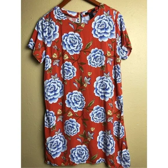 Forever 21 Women Size Medium Rust Floral Short Sleeve Button Back Dress - Picture 3 of 12